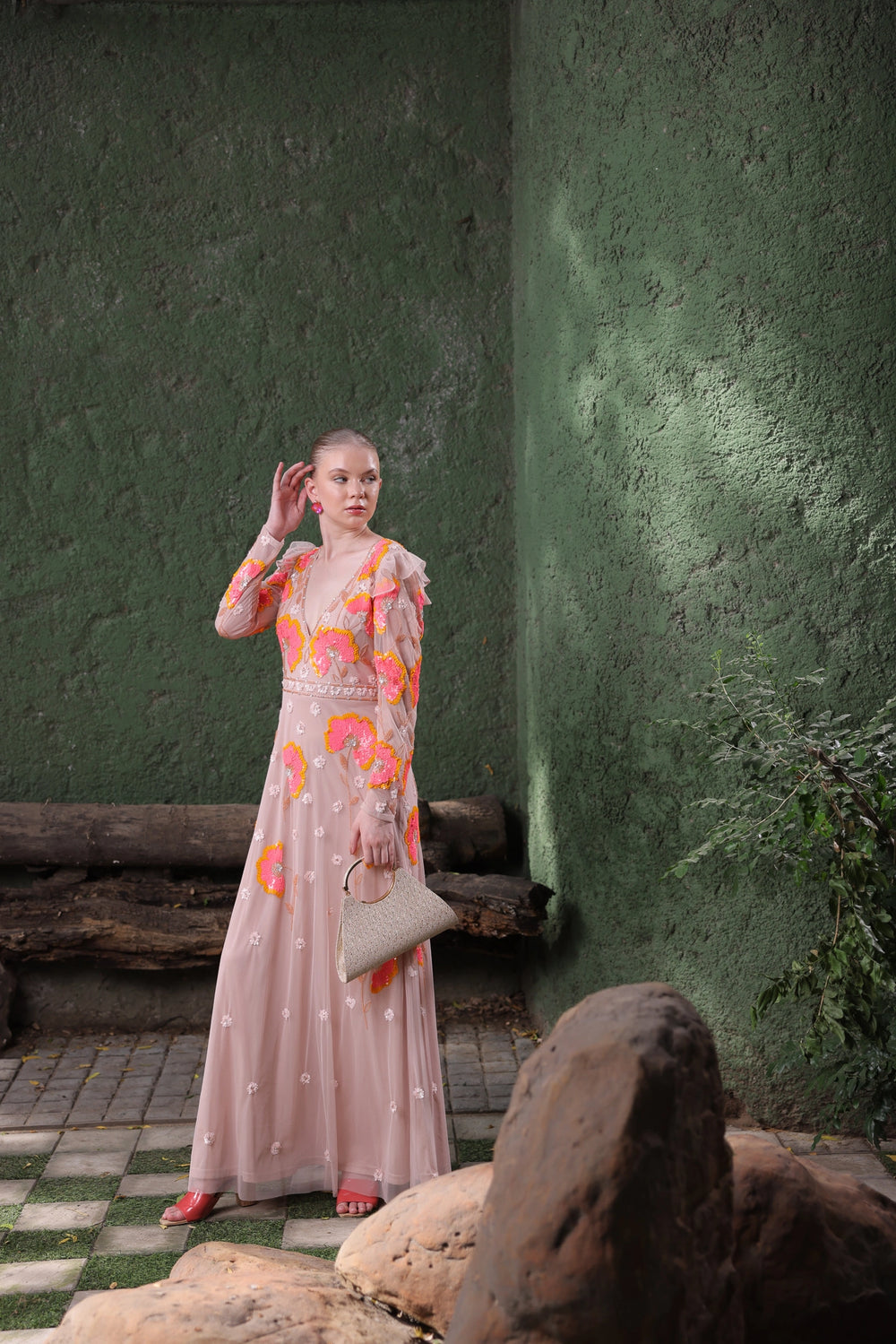 Peach Floral Embroidered Gown