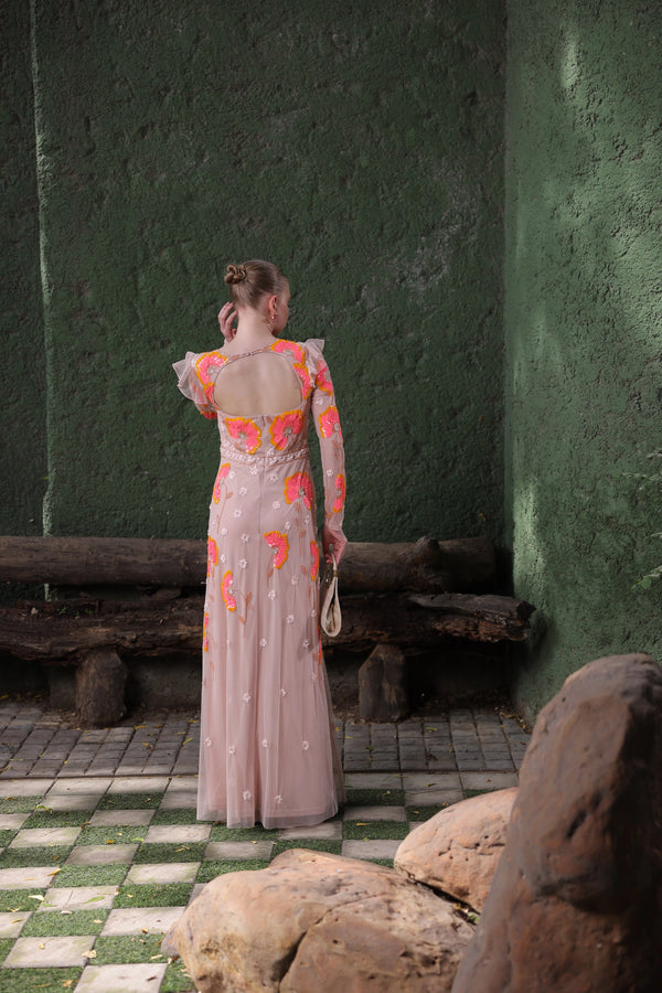 Peach Floral Embroidered Gown