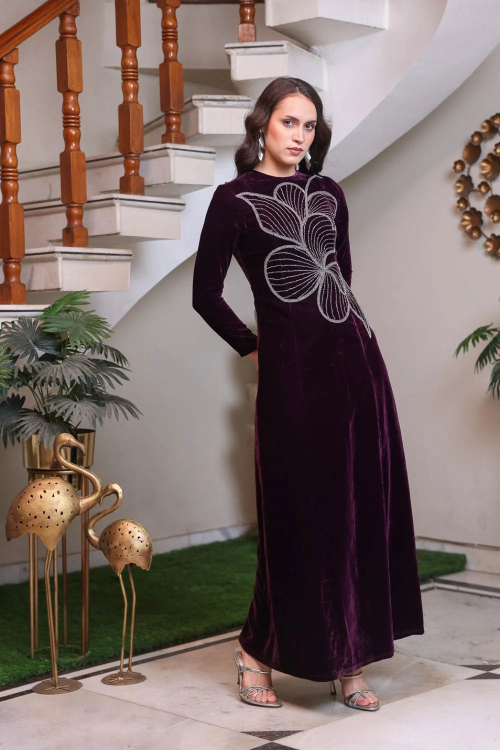 Plum Velvet Maxi with Silver Abstract Motif