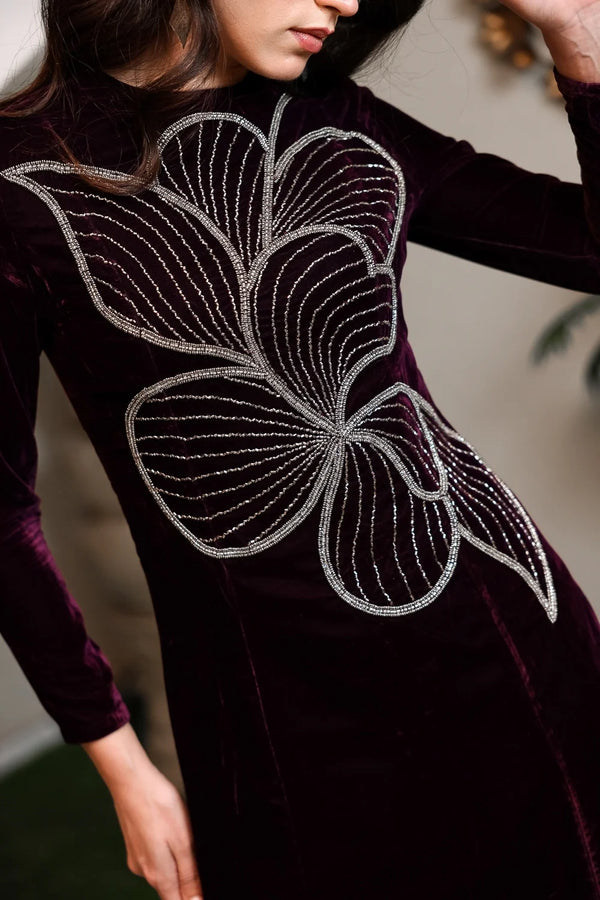 Plum Velvet Maxi with Silver Abstract Motif