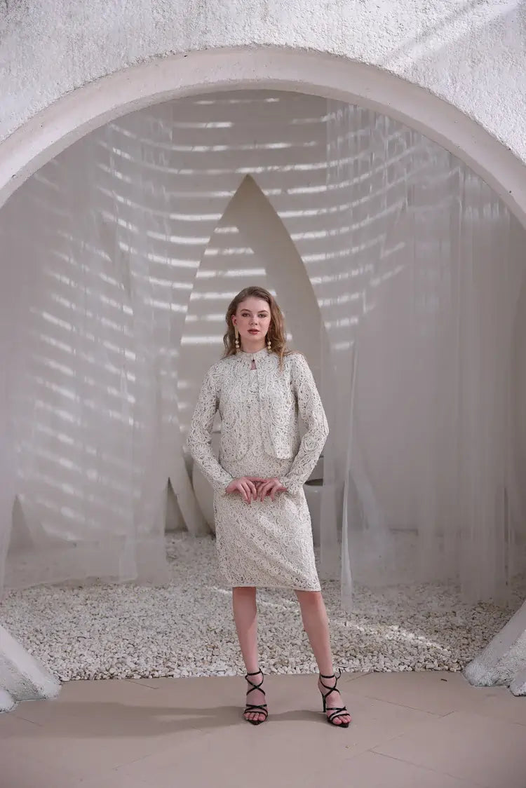 Ivory Hand-Beaded Lace Dress