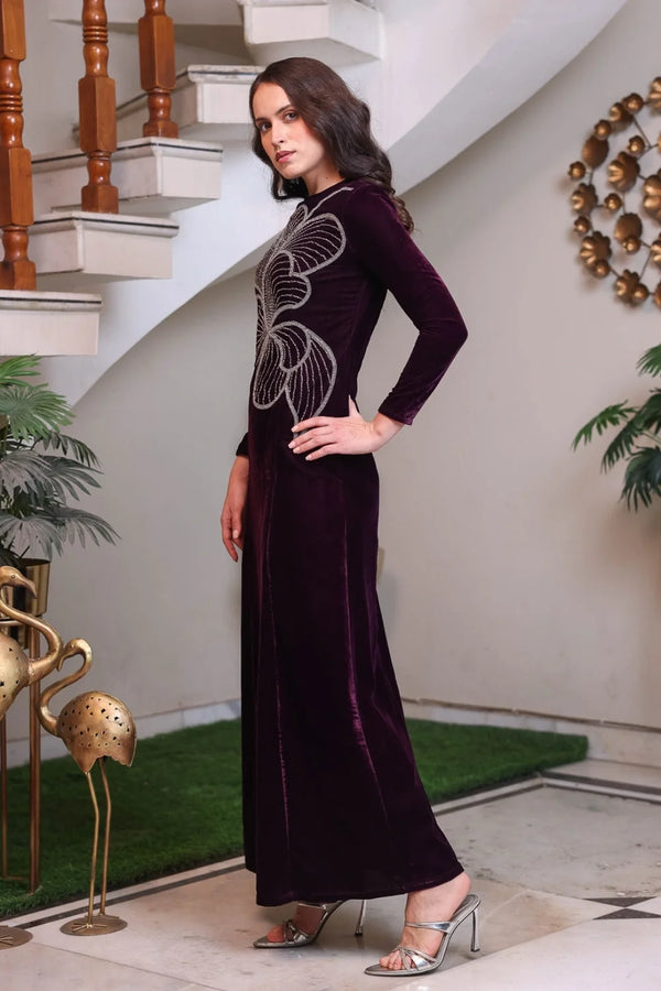 Plum Velvet Maxi with Silver Abstract Motif