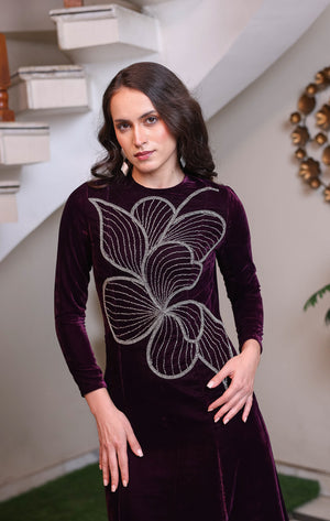 Plum Velvet Maxi with Silver Abstract Motif