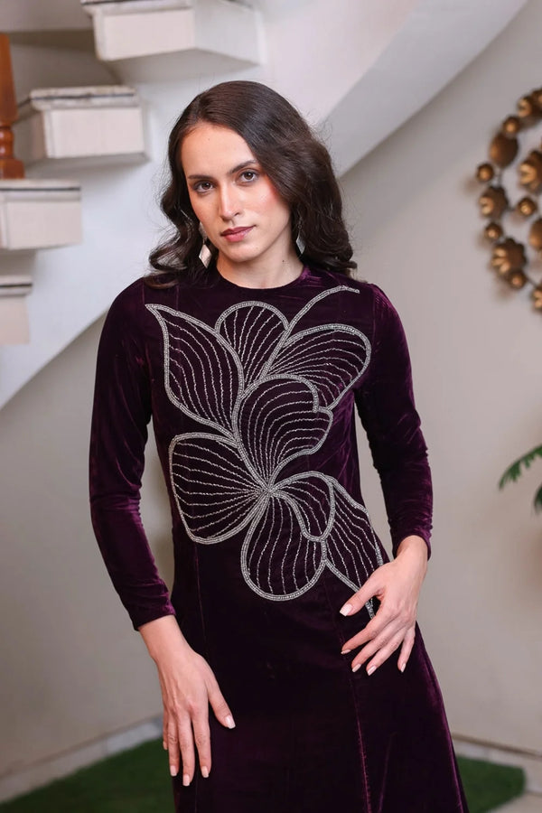 Plum Velvet Maxi with Silver Abstract Motif