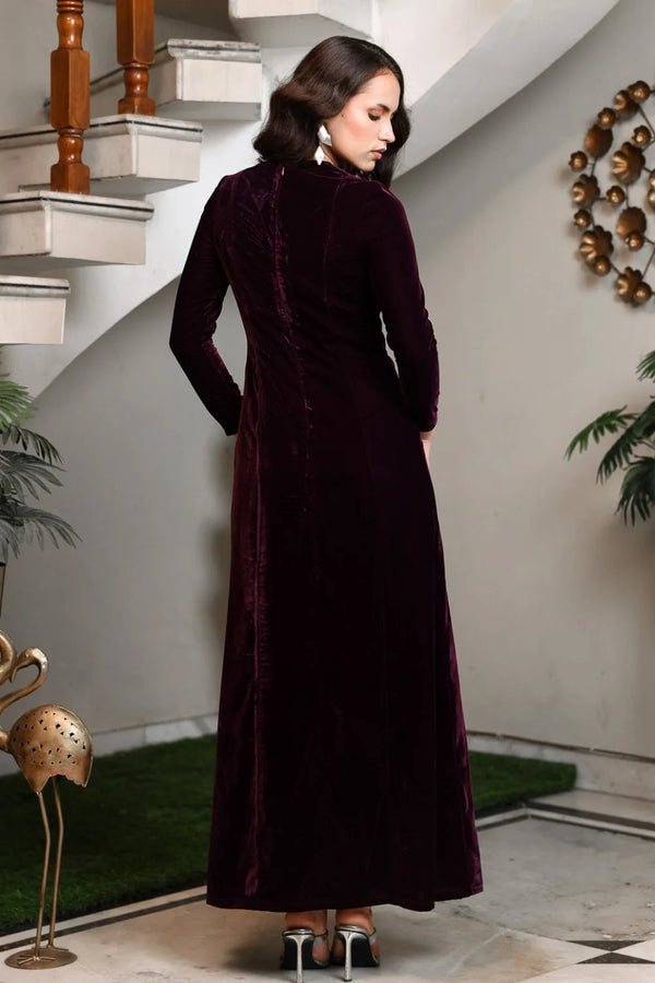Plum Velvet Maxi with Silver Abstract Motif
