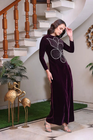 Plum Velvet Maxi with Silver Abstract Motif