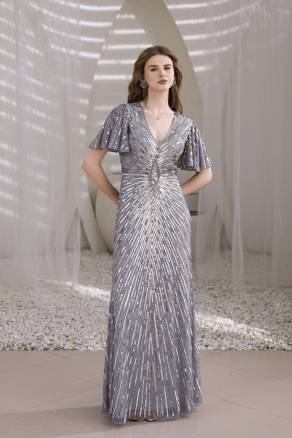 Edition Two silver hand-beaded gown – front view on model, women’s luxury evening wear India