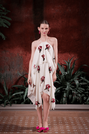 Edition Two ivory halter dress with hand-embroidered florals – front view on model, luxury evening wear for women in India