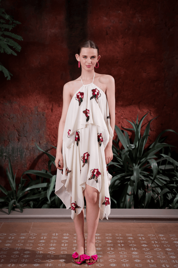 Edition Two ivory halter dress with hand-embroidered florals – front view on model, luxury evening wear for women in India