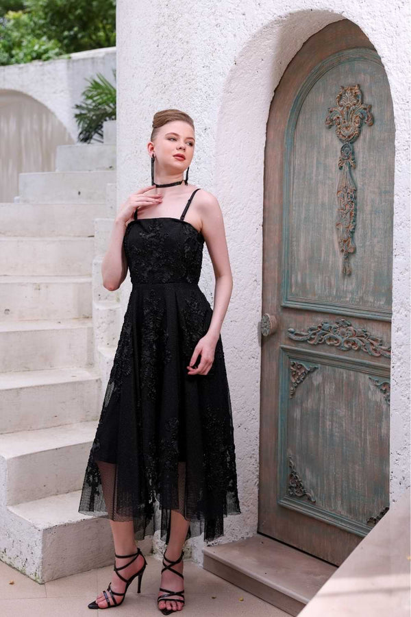 Black Hand-Beaded Lace Dress