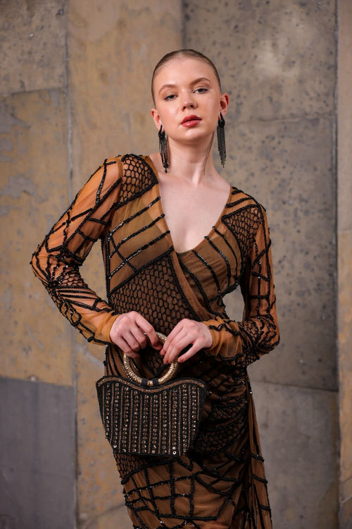 Bronze and Black Hand-Beaded Mesh Dress