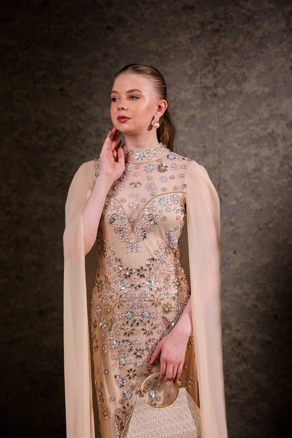 Nude Hand-Embellished Cape Gown