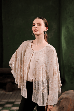 Edition Two nude beige inner vest – front view on model, women’s designer layering piece