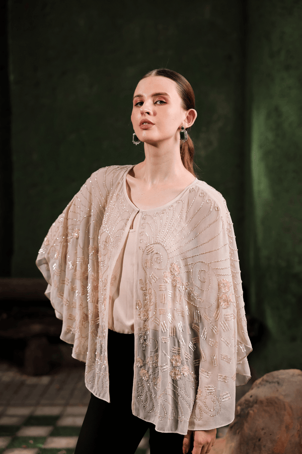 Edition Two nude beige inner vest – front view on model, women’s designer layering piece