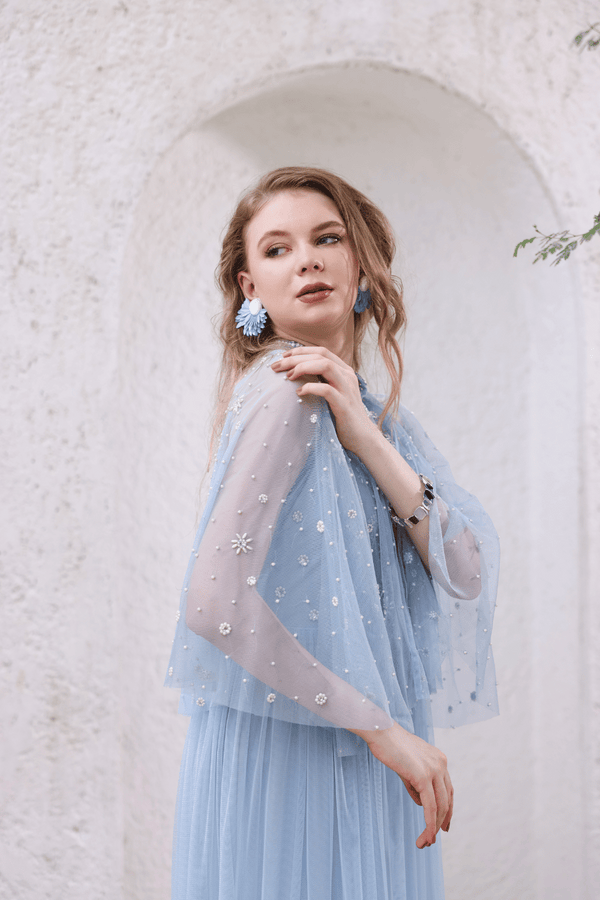 Powder Blue Hand-Beaded Dress with Sheer Cape