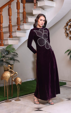 Plum Velvet Maxi with Silver Abstract Motif