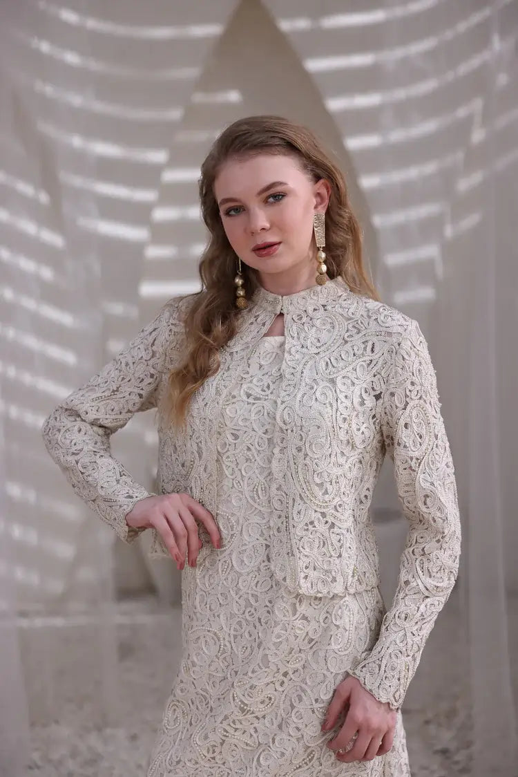 Ivory Hand-Beaded Lace Dress