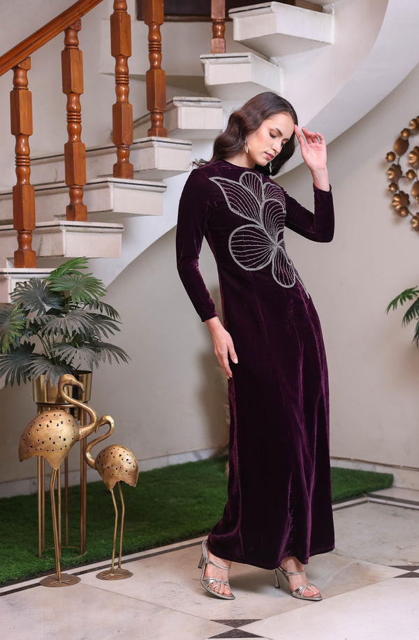 Plum Velvet Maxi with Silver Abstract Motif