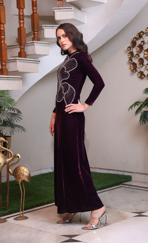 Plum Velvet Maxi with Silver Abstract Motif