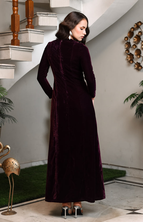 Plum Velvet Maxi with Silver Abstract Motif
