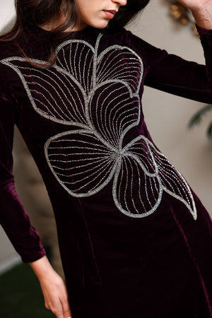 Plum Velvet Maxi with Silver Abstract Motif