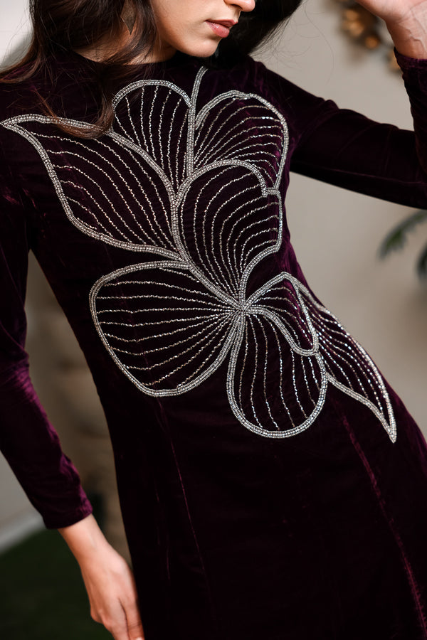 Plum Velvet Maxi with Silver Abstract Motif