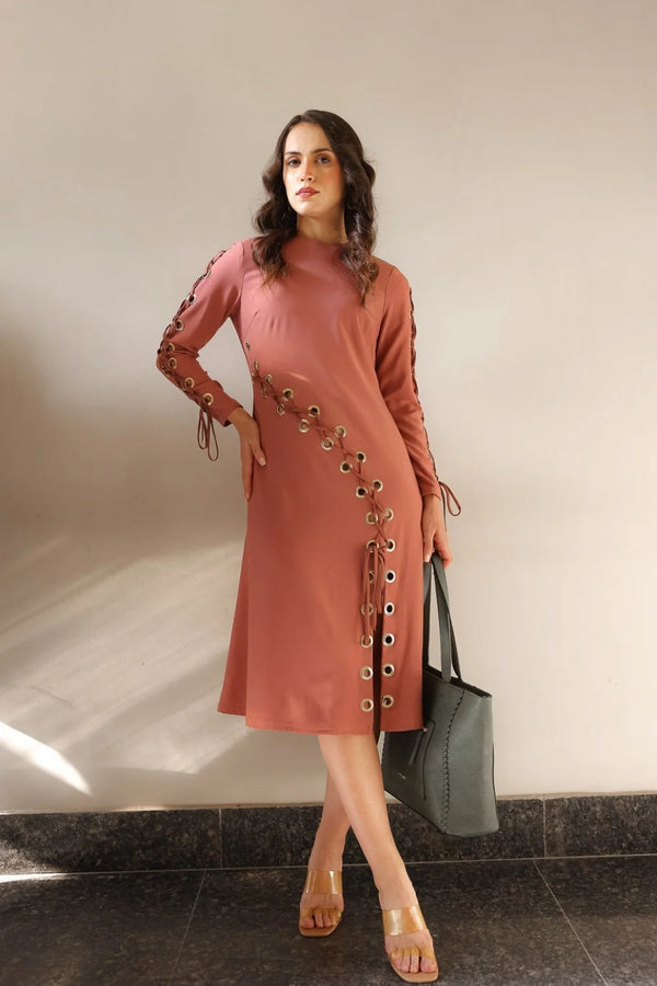 Terracotta Eyelet Lace-Up Dress