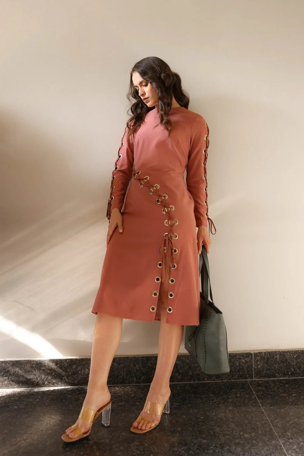 Terracotta Eyelet Lace-Up Dress