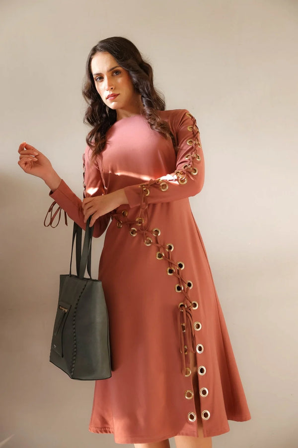 Terracotta Eyelet Lace-Up Dress