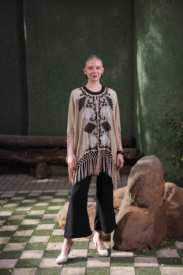 Beige Cape with Black & White Embellishment and Fringe Detailing