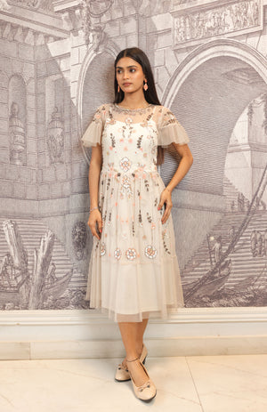 Beige Hand-Embroidered Floral Midi Dress