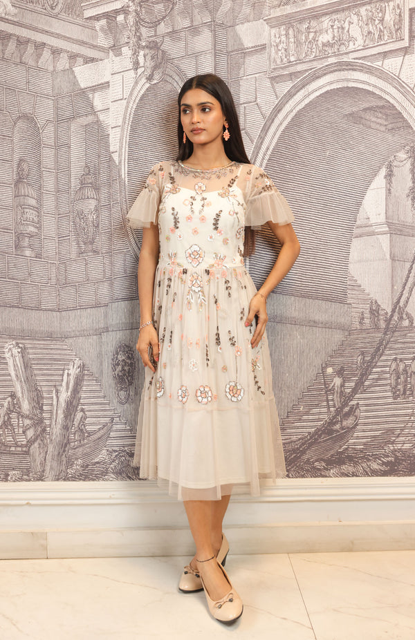 Beige Hand-Embroidered Floral Midi Dress