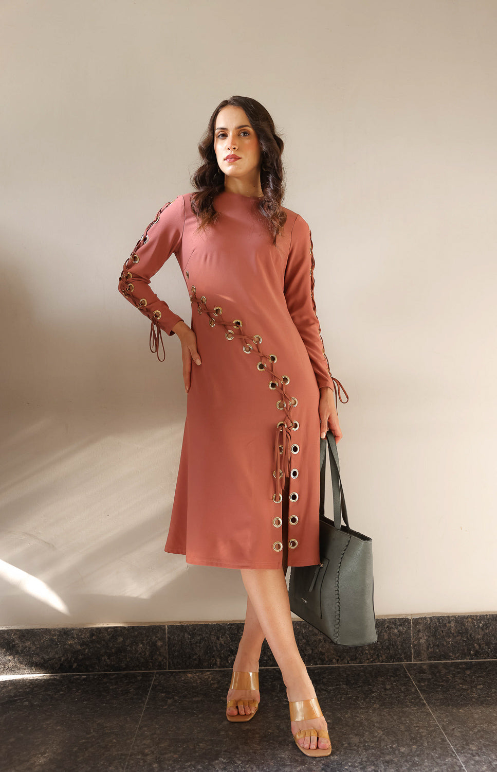 Terracotta Eyelet Lace-Up Dress