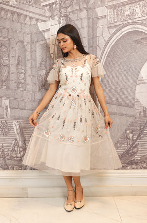 Beige Hand-Embroidered Floral Midi Dress