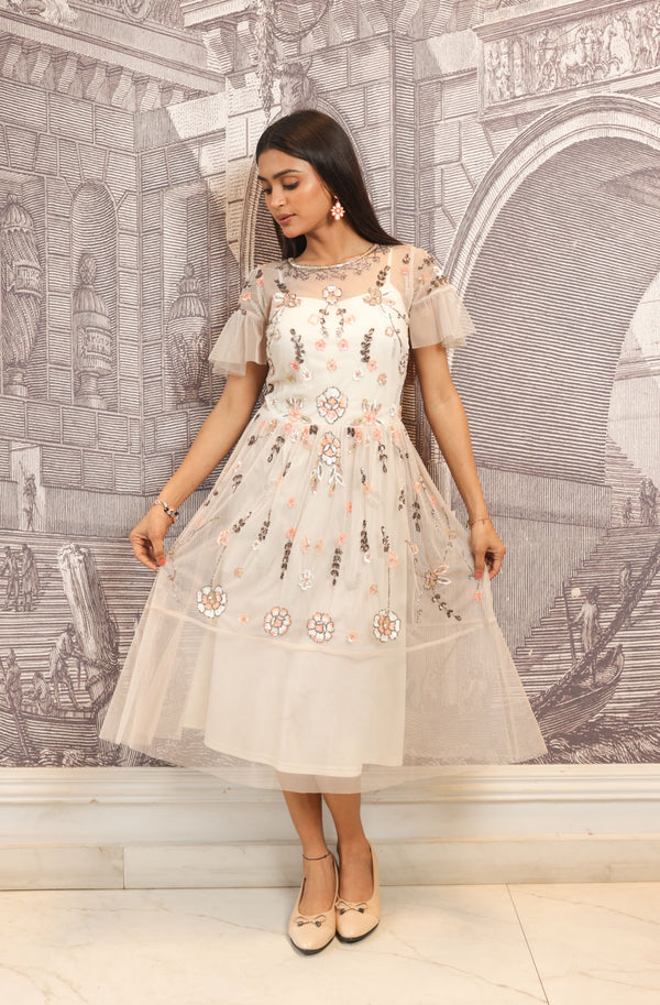 Beige Hand-Embroidered Floral Midi Dress