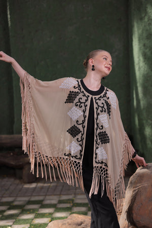 Beige Cape with Black & White Embellishment and Fringe Detailing