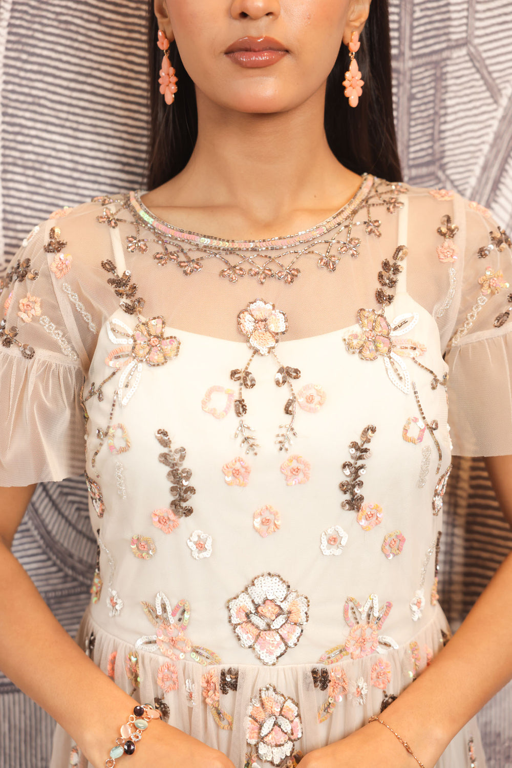 Beige Hand-Embroidered Floral Midi Dress