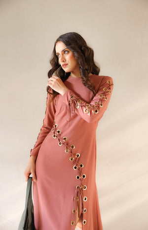Terracotta Eyelet Lace-Up Dress