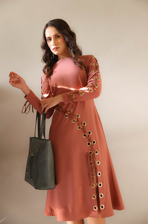Terracotta Eyelet Lace-Up Dress