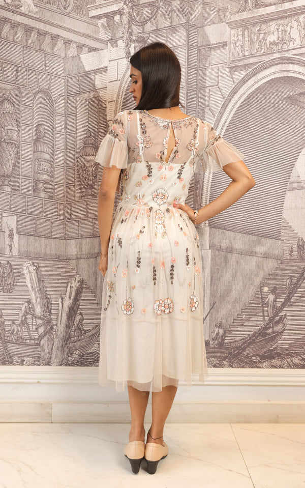 Beige Hand-Embroidered Floral Midi Dress