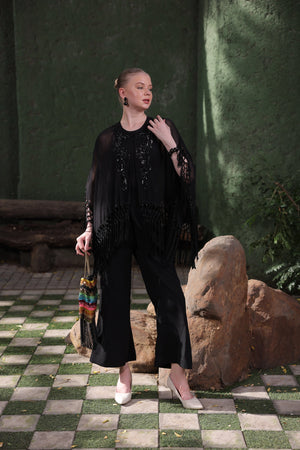 Black Beaded Fringe Cape