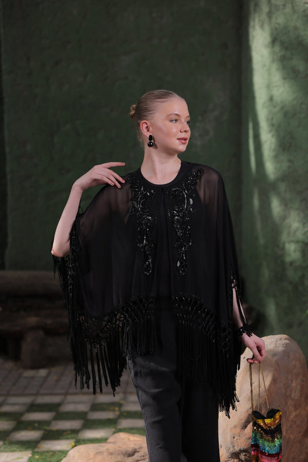 Black Beaded Fringe Cape