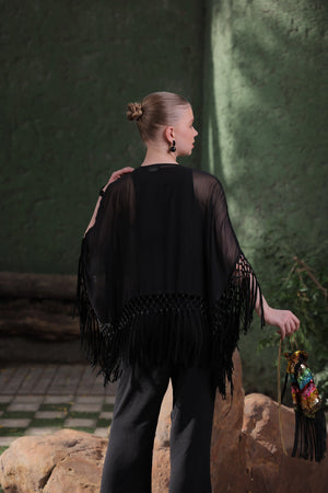 Black Beaded Fringe Cape