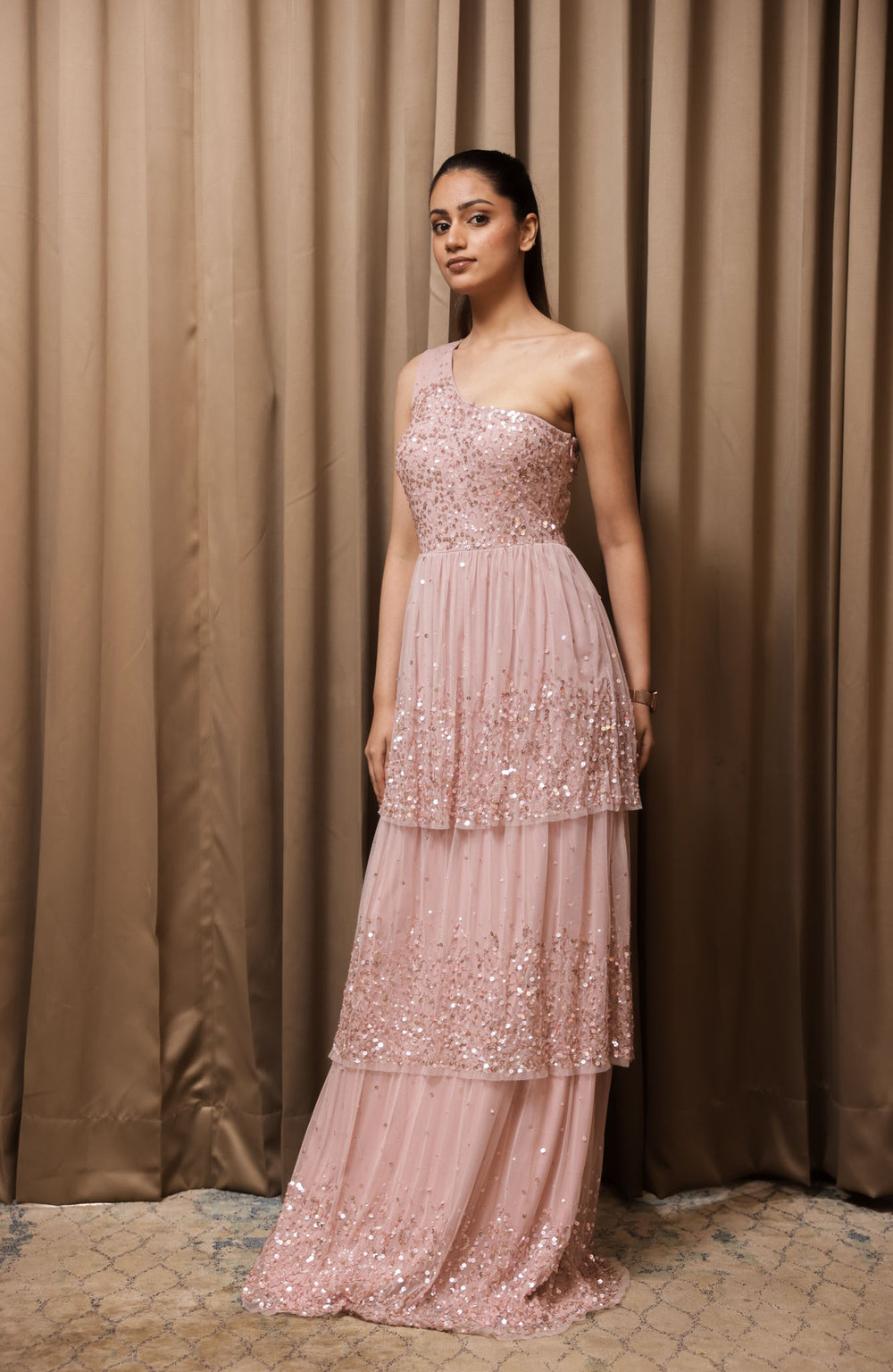 One Shoulder Blush Tiered Dress