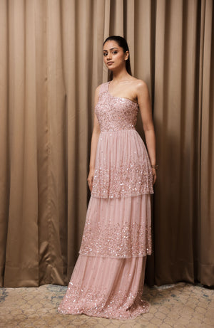 One Shoulder Blush Tiered Dress