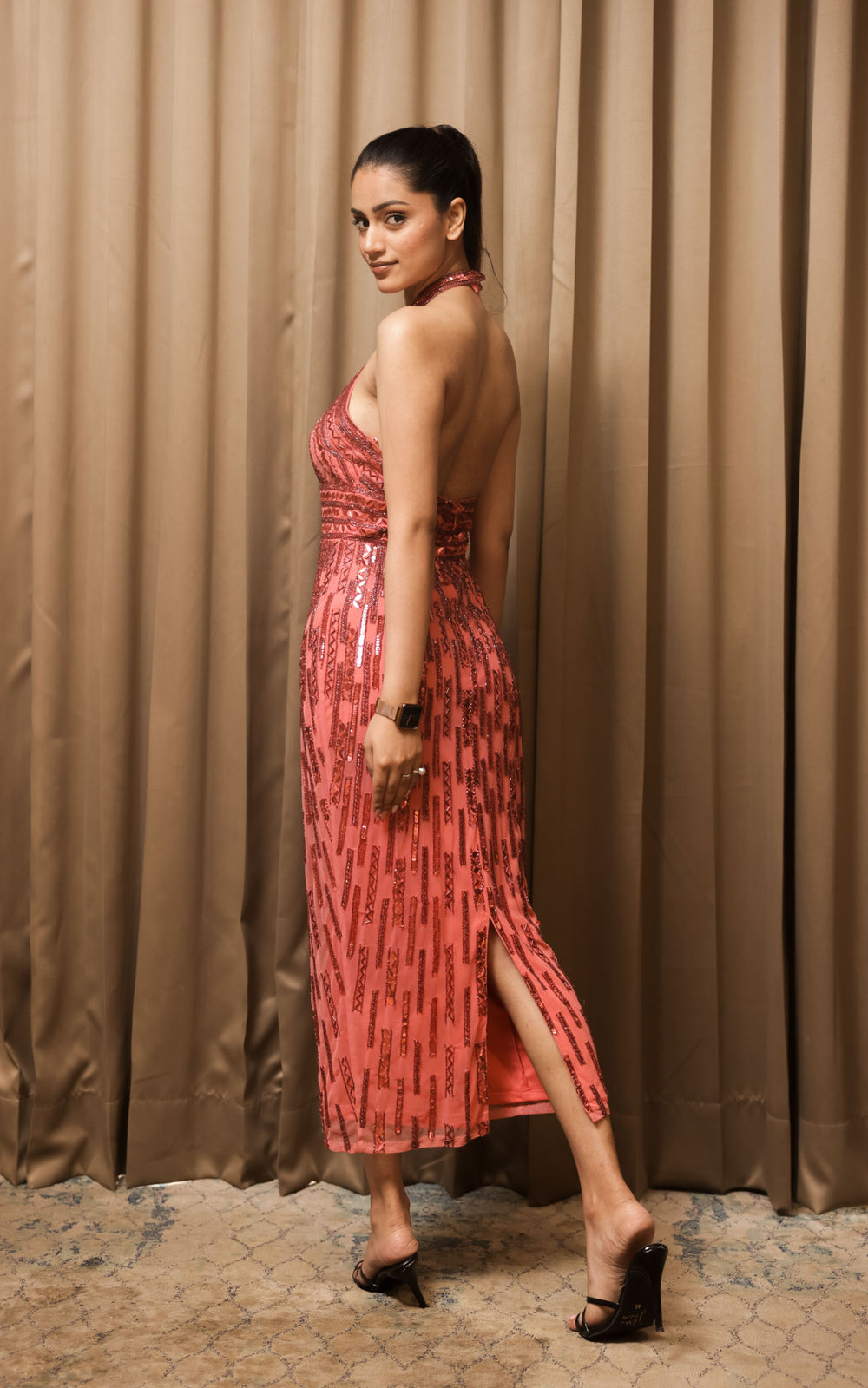 Soft Red Hand-Beaded Halter Midi Dress