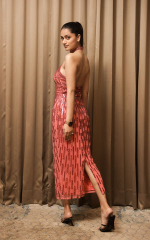 Soft Red Hand-Beaded Halter Midi Dress