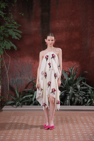 Ivory Halter Dress with Hand-Embroidered Florals