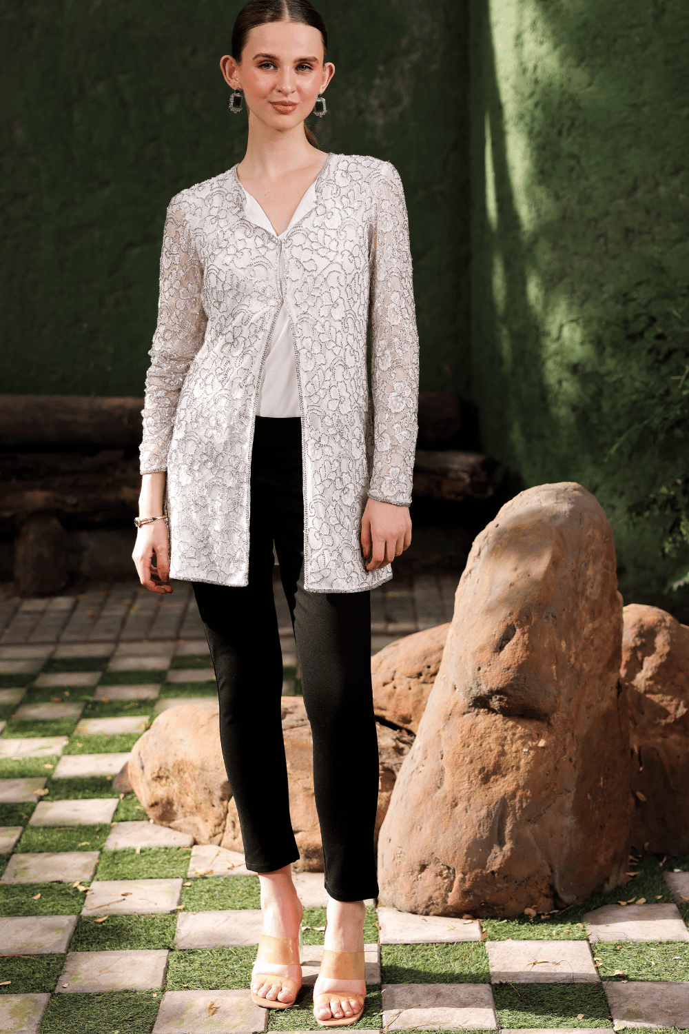 Edition Two ivory lace cape – front view on model, sheer floral lace layering piece for women