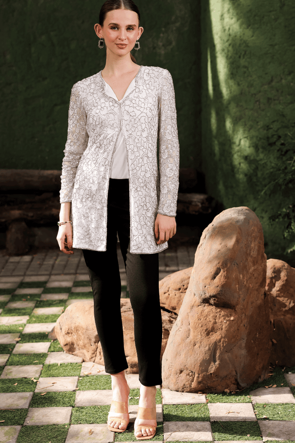 Edition Two ivory lace cape – front view on model, sheer floral lace layering piece for women